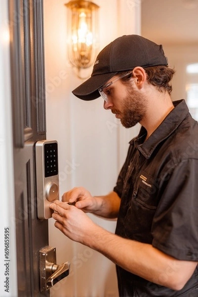 Fototapeta A technician is focused on installing a smart lock on a residential door in an indoor setting during the evening. He is using tools for precise adjustments