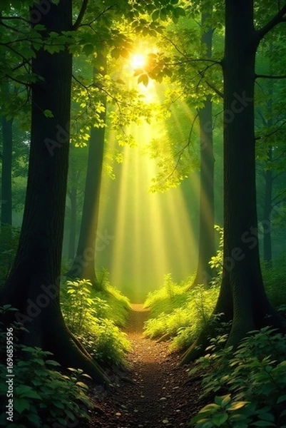 Fototapeta Golden sunlight streams through the leaves of a lush forest, illuminating dappled patterns on the forest floor A tranquil and peaceful scene, perfect for nature-themed projects , outdoor, summer