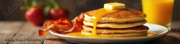 Fototapeta Golden, melted butter pooling over a stack of fluffy pancakes, alongside crispy bacon and a glass of orange juice, creating a delightful breakfast scene ,  traditional breakfast,  carbohydrate