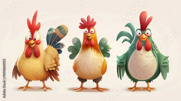 Fototapeta Three whimsical cartoon roosters with expressive eyes and vibrant feathers