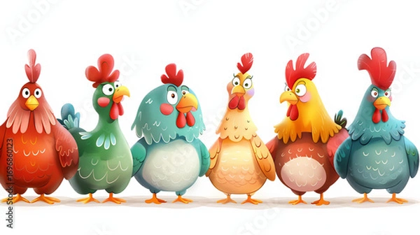 Obraz Charming cartoon chickens lined up with vibrant, playful personalities for children's content