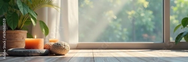 Fototapeta Serene studio shot of a peaceful meditation scene; calming colors, soft light, and objects promoting tranquility and mindfulness , crystals, stress relief, concentration