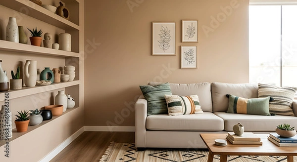 Fototapeta Cozy modern living room interior with stylish beige sofa decorative pillows wooden table and shelves with plants and artwork creating a warm and inviting atmosphere with natural light