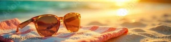 Fototapeta Golden hour sunlight bathes a beach towel and sunglasses, creating a serene summer scene perfect for relaxation and vacation imagery , summer vibe, warmth, heat