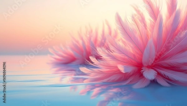 Obraz Pink feathers floating on water reflecting the sky at sunset creating a serene scene