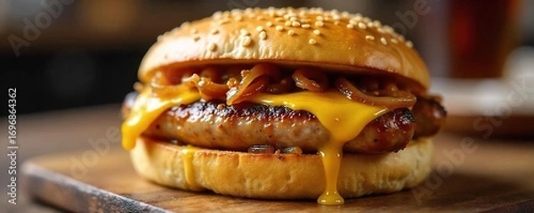 Fototapeta Close-up shot of a delicious grilled sausage sandwich on a toasted bun, with melted cheese and caramelized onions  Perfect for breakfast, lunch, or a quick snack , hotdog, foodlover