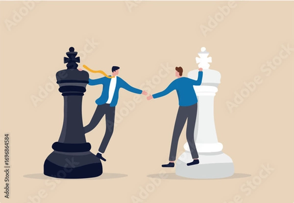 Fototapeta Negotiation strategy, win-win situation, partnership instead of confrontation in competition, merger or agreement concept, businessman competitors standing on chess handshaking after finish agreement.