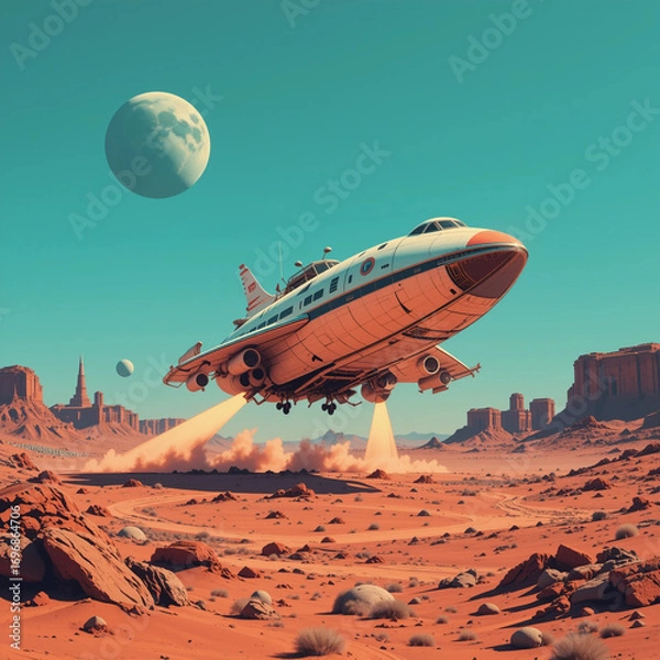 Fototapeta e: Retro Spaceship Landing on a Martian Landscape