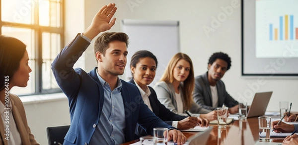 Fototapeta A young man raises his hand in a conference among peers demonstrating active engagement teamwork and a willingness to contribute to discussions.
