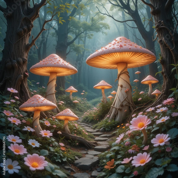 Fototapeta Enchanted Fantasy Forest with Glowing Mushrooms and Flowers