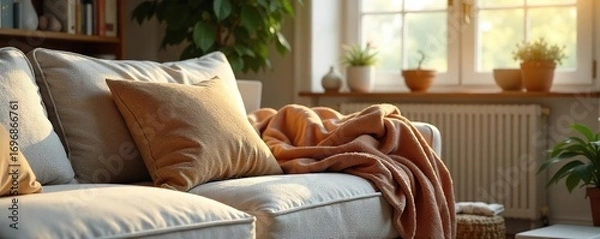 Fototapeta Cozy living room scene featuring a plush throw cushion on a comfortable sofa, adding a touch of warmth and texture to the home interior Perfect for relaxation and comfort , hygge, homey, pillows