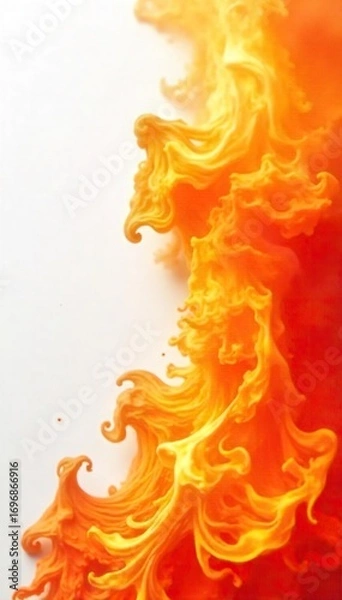 Fototapeta Intense orange and yellow flames burst against a pristine white background, creating a dramatic and vibrant image perfect for design projects needing a fiery element ,  texture,  ignition,  fiery