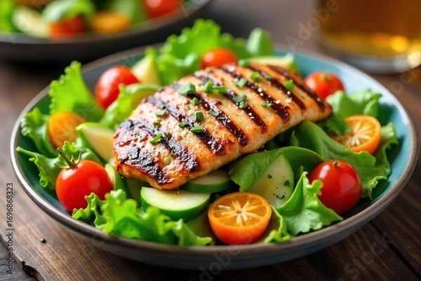Fototapeta Grilled vegetables and chicken atop a bed of mixed greens, creating a vibrant and healthy BBQ salad Perfect for summer cookouts or light meals , wholesome, vibrant colors