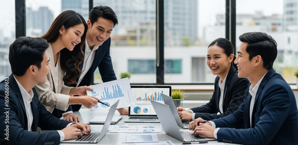 Fototapeta Young Asian business team working with laptops on financial documents with happy smiles. Group of business people meeting in a modern office Design and Concept Planning