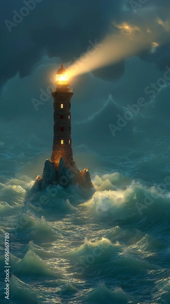 Fototapeta 蛮荒の波を耐え抜く海辺の灯台
