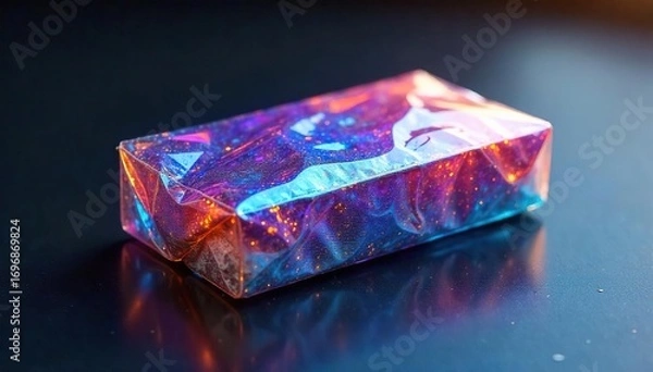 Fototapeta Futuristic bioplastic packaging, shimmering with an iridescent sheen, sits on a sleek, dark surface Sustainable design, innovative material, eco-friendly future , eco-friendly, design