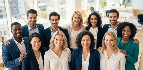 Fototapeta Group portrait of multicultural diverse businesspeople stand together look at camera posing in modern office show unity and support, smiling multiracial colleagues make team picture at workplace