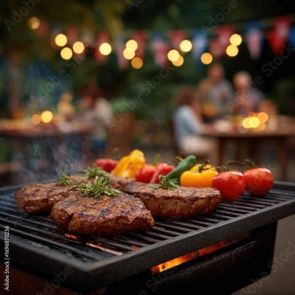 Obraz Close up of barbecue grill with meat and vegetables in backyard scene