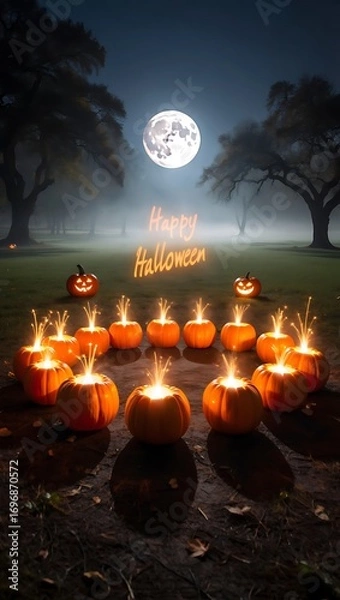Fototapeta Mystical halloween night scene with glowing jack-o-lanterns and candles illuminated by a full moon creating a spooky and magical atmosphere for festive celebrations