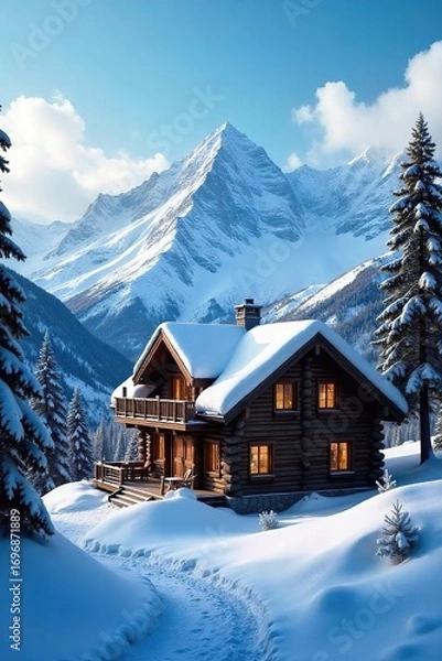 Fototapeta Cozy mountain chalet nestled amidst snow-capped peaks, offering stunning views and rustic charm  Perfect for winter getaways and adventurous souls ,  scenic,  window,  outdoors