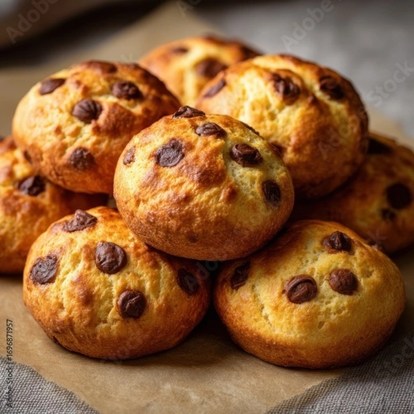 Obraz A close up of a pile of chocolate chip muffins on parchment paper