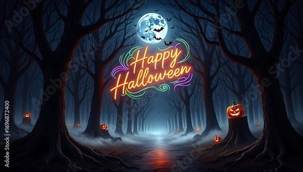 Fototapeta Spooky halloween forest scene with glowing 'happy halloween' text and full moon bats bat silhouettes on a mystical night