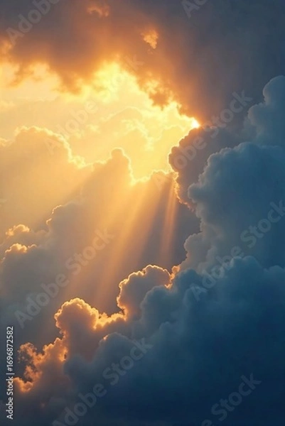 Fototapeta Golden sunbeams pierce through gaps in fluffy clouds, creating a dramatic, radiant light show in the sky Perfect for nature, weather, and atmospheric imagery , sunshine, natural light, sunset