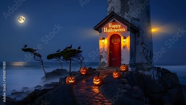 Fototapeta Eerie halloween night scene with illuminated jack-o'-lanterns leading to a spooky house under a full moon