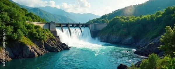 Fototapeta Pristine River Power Hydroelectric Dam Generating Clean Energy in Lush Green Landscape