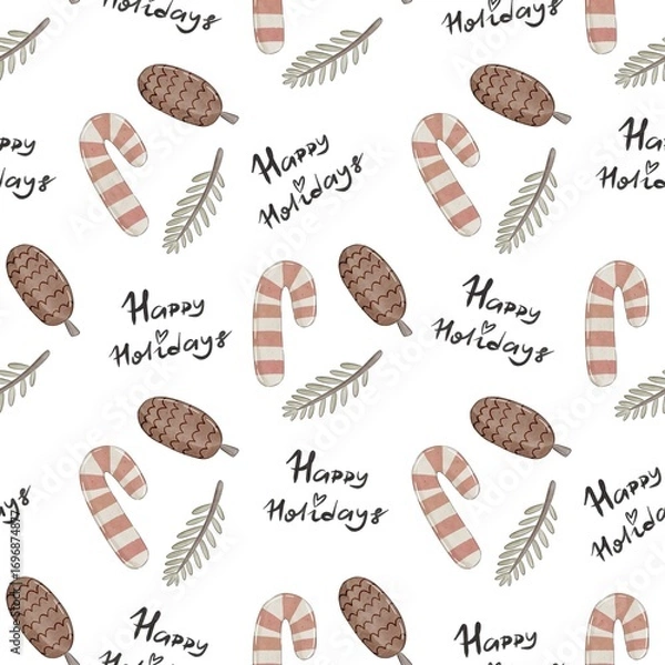 Fototapeta Seamless pattern with cartoon fir-cones, twigs, candy, decoration elements. Forest, flat Scandinavian style. animal and nature theme. hand drawing. design for fabric, textile, wrapper, print