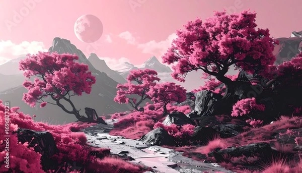 Fototapeta Pink landscape with trees and stream