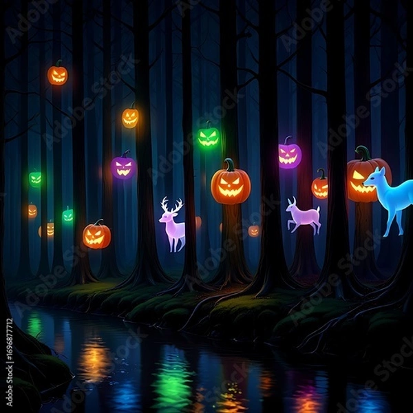 Fototapeta Enchanting halloween forest scene with glowing jack-o'-lanterns and mystical glowing animals reflected in water