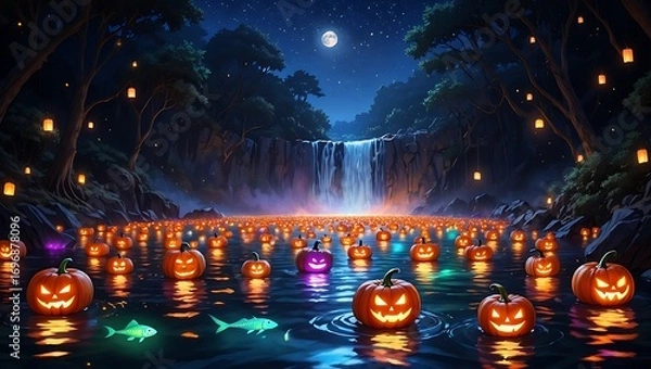 Fototapeta Enchanting halloween night waterfall scene with illuminated jack-o'-lanterns and mystical forest ambiance