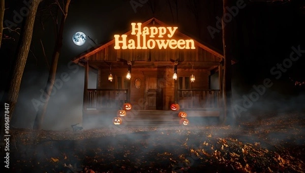 Fototapeta Spooky happy halloween night scene with illuminated wooden building and eerie fog creating a festive and haunting atmosphere for celebrations.