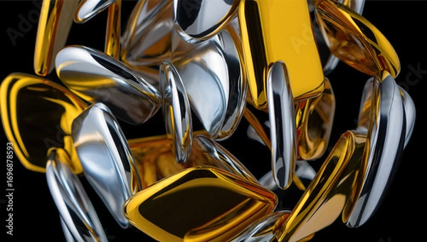Fototapeta Abstract composition of polished elements arranged in a dynamic pattern. Glass or liquid metal, bright gold and silver colours flowing smoothly into each other.