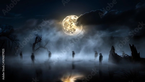 Fototapeta Mysterious moonlit fog shrouds eerie silhouettes reflected in still water creating a dramatic nighttime atmosphere