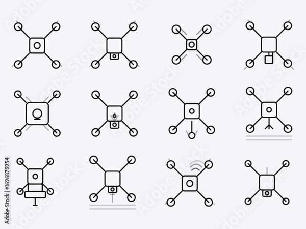 Fototapeta Drone Icon Set with Quadcopter Technology and Aerial Camera Vector Illustration