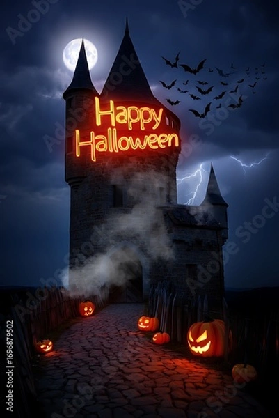 Fototapeta Spooky halloween castle with jack-o'-lanterns and bats under a full moon and lightning storm creates a haunting atmosphere