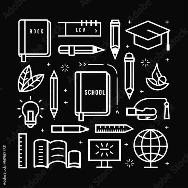 Fototapeta A black silhouette vector set of school and science icons including book, camera, computer, medicine, and music symbols for web illustration