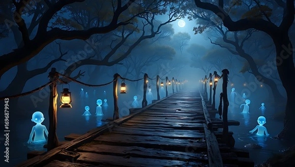Fototapeta Eerie spectral figures appear in a dimly lit ancient cave pathway bathed in ethereal blue light and mystical fog creating a haunting atmosphere.