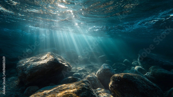 Fototapeta Sunlight streaming through ocean surface illuminating underwater rocks