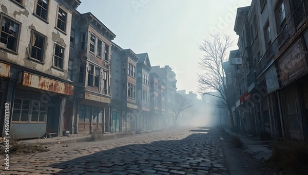 Fototapeta Post-apocalyptic urban street scene with damaged buildings and debris suggesting destruction and an unsettling atmosphere