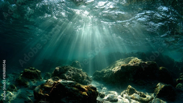 Fototapeta Sunlight streaming through ocean surface illuminating underwater rocks