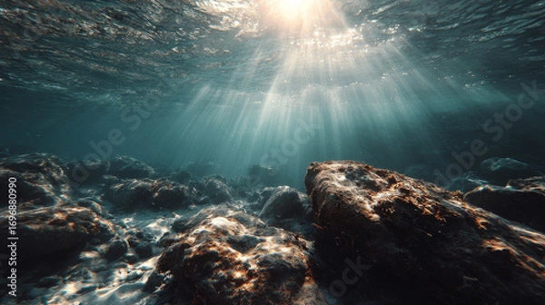 Fototapeta Sunlight streaming through ocean surface illuminating underwater rocks