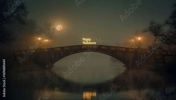 Fototapeta Enchanting bridge illuminated by warm lanterns over reflective water at dusk serene nighttime ambiance