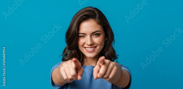 Fototapeta You can do this. Beautiful cheerful brunette girl winking and smiling, pointing fingers at camera, praising good job, inviting to event, standing against blue background