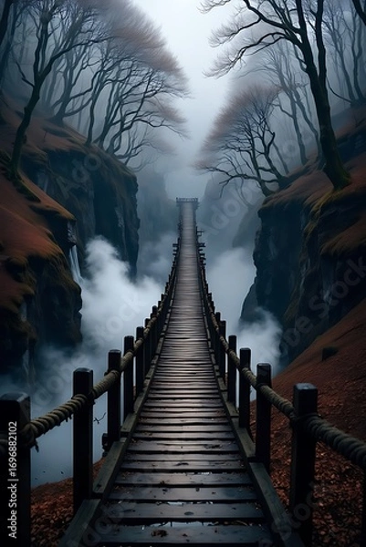 Fototapeta Eerie wooden suspension bridge disappearing into mist between rocky cliffs and silhouetted trees a mystical path forward