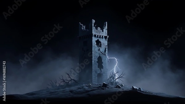 Fototapeta Surreal sci-fi monolith with glowing energy erupting amidst mysterious fog and debris