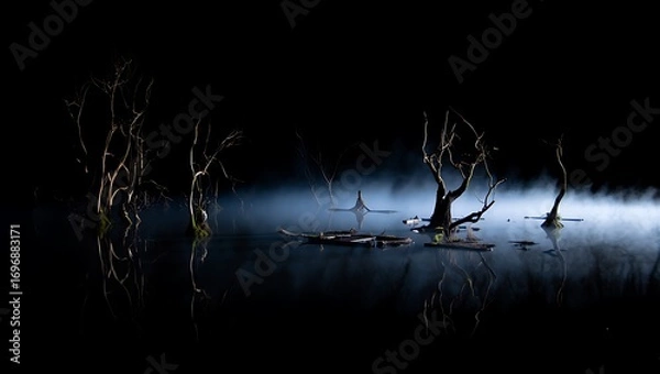 Fototapeta Silhouetted dancers perform on a dramatic stage under intense spotlighting with a moody ambiance