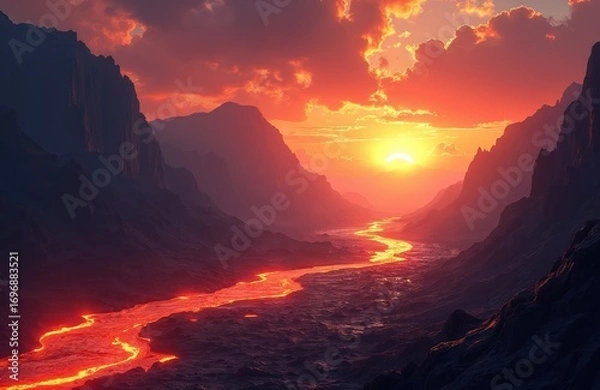 Fototapeta Dramatic mountain valley illuminated by vibrant sunset. Glowing river of lava flows through landscape. Fiery orange, red clouds fill sky, casting warm light on rugged terrain. Scene evokes sense of
